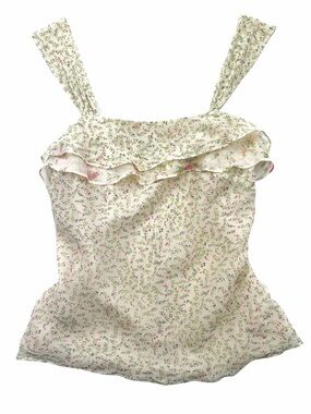 Vintage Express 100% Silk Floral Ruffle Strap Tank Top Cream Cottagecore Cami